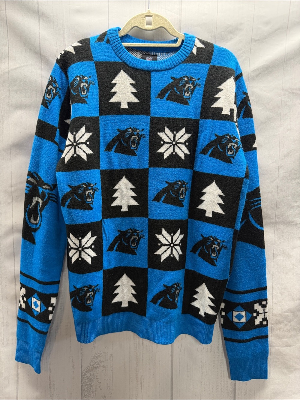 NFL Team Apparel Carolina Panthers Football Blue Black Holiday Christmas Sweater